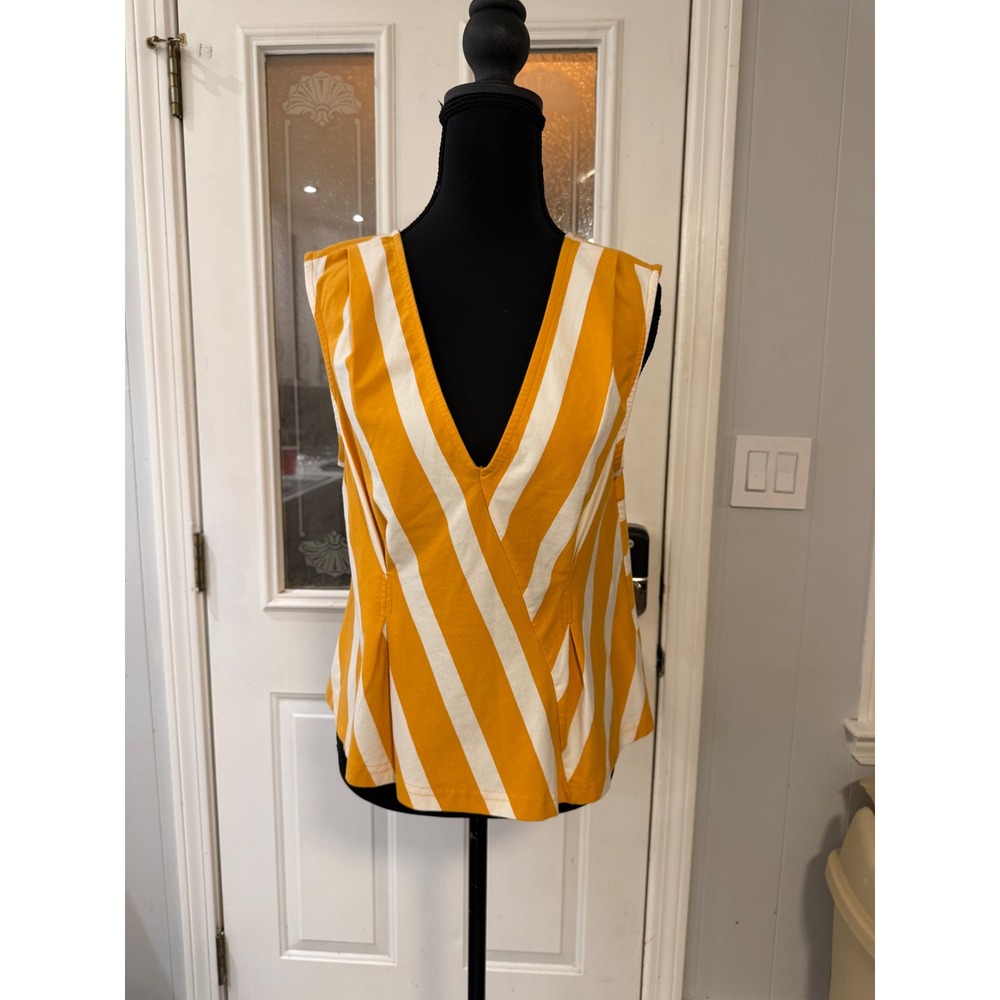 Maeve Anthropologie Yellow White Striped V-Neck Pleated Sleeveless Top Small